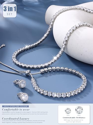 Jstyle 925 Sterling Silver Jewelry Set for Women - Dainty Tennis Necklace Bracelet Earrings Set Hypoallergenic Rhinestone Wedding Jewelry Sets for Brides Bridesmaids Crystal Prom Costume Accessories - color: Style C: Silver