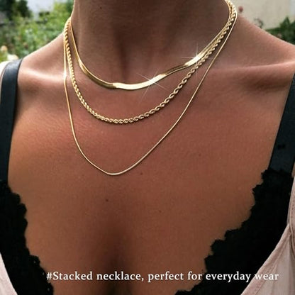 3PCS Gold Necklaces for Women,Chunky Statement Gold Plated Necklace Stack Layered Sterling Silver Herringbone Chains for Women Dainty Trendy Silver Chains Stacked Jewelry Gifts - color: gold chunky necklace set