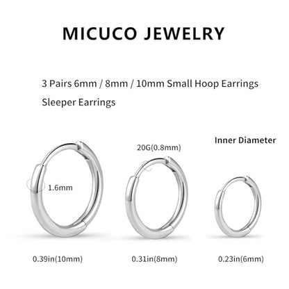 micuco Small Hoop Earrings for Women, Tiny Cartilage Hoop Earrings for Men | Helix Daith Tragus Ear Hugging Hoop Earrings Sleeper Hypoallergenic Earrings - style: A3: 6 8 10mm White Gold (3 Pairs)