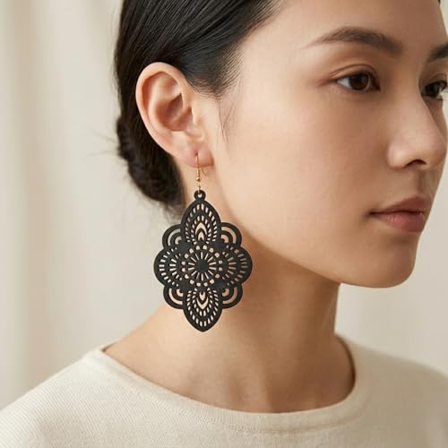 Boho Black Filigree Dangle Earrings for Women, Lightweight Hollow Lace Drop, Wood, 3.34" x 1.69", Bohemian Jewelry - color: Black