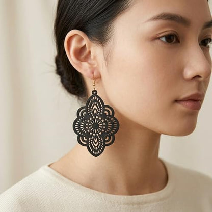 Boho Black Filigree Dangle Earrings for Women, Lightweight Hollow Lace Drop, Wood, 3.34" x 1.69", Bohemian Jewelry - color: Black