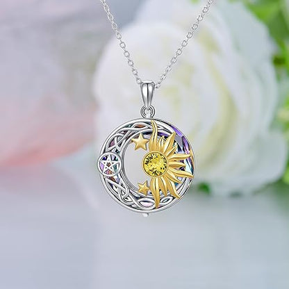 AOBOCO 925 Sterling Silver Moon Sun Star Necklace Celtic Jewelry for Women Girls - color: Circle Crystal-Purple Color