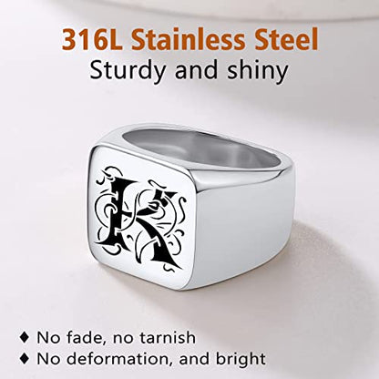 FindChic Customized Signet Photo Rings Square/Heart/Round Chunky Band Ring Stainless Steel/18K Gold Plated/Black Size 7 to 14 Personalized Jewelry for Men Women, Send Gift Box - color: 01. personalized monogram square (stainless steel)