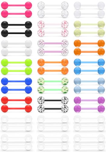 Prjndjw 48Pcs 14G 16mm 14MM Glow in Dark Tongue Nipple Ring Plastic Flexible Acrylic Straight Barbell Body Piercing Jewelry for Women Men Tongue NIppie piercings - color: 16.0 millimetres