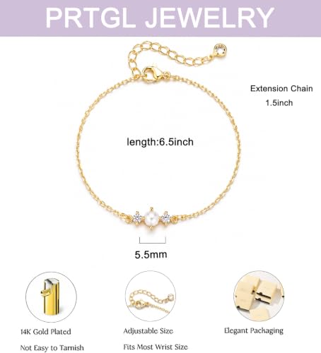 Gold Bracelets for Women Pearl Bracelet 14k Gold/White Gold Plated | Dainty Cubic Zirconia CZ Accented, Bridesmaid Jewelry, Prom Bracelet, Wedding Bracelets for Brides - color: gold-round pearl