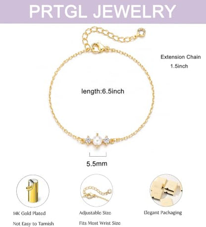 Gold Bracelets for Women Pearl Bracelet 14k Gold/White Gold Plated | Dainty Cubic Zirconia CZ Accented, Bridesmaid Jewelry, Prom Bracelet, Wedding Bracelets for Brides - color: gold-round pearl