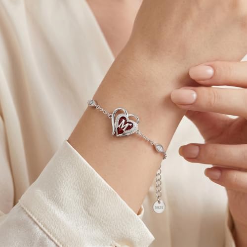Initial Bracelet for Women 925 Sterling Silver Heart Angel Wings Initial Bracelet Anniversary Birthday Mothers Day Jewelry for Mom Her Wife - color: M