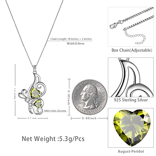 Butterfly Heart Necklace Birthstone Pendant Necklace Earrings Bracelet Women 925 Sterling Silver Animal Butterflies Birthstone Pendant Crystal Birthday Jewelry Wedding Gift - color: H.August-necklace