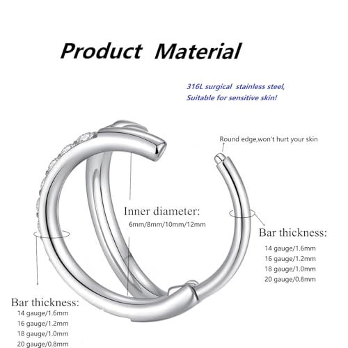 Nose Rings Hoops - 316L Surgical Steel Double Hoop Nose Rings Hinged Conch Piercing Jewelry Septum Lip Rings Cartilage Earring Helix Rook Tragus Daith - color: rose-1