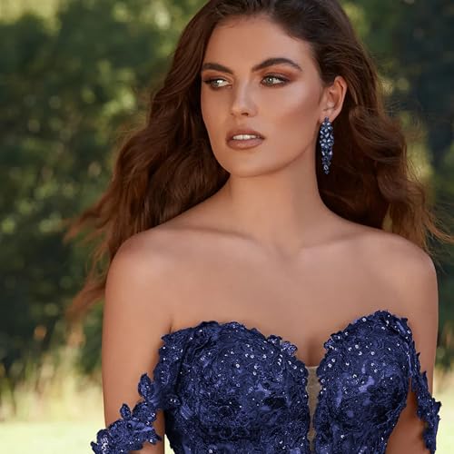 EleQueen Women's Sparkle Statement Clip-On Chandelier Earrings | Marquise Crystals Earrings for Women, Art Deco Prom Jewelry for Wedding Bride Bridesmaid - color: Ink Blue Black-Tone