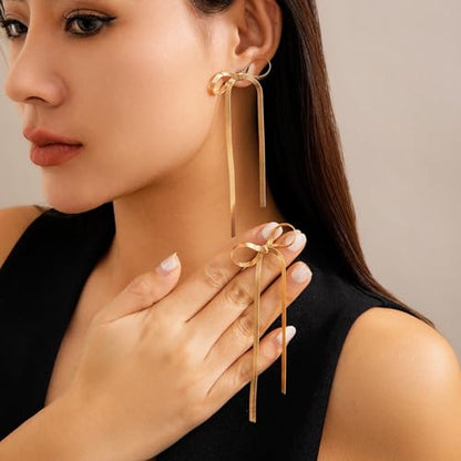 Luxval Rhinestone Earrings Dangling for Women Sparkly Silver Dangle Earrings Girls Long Chandelier Earrings Tassel Lightweight Ear Studs Cubic Zirconia Crystal Statement - color: Gold-Rope Bow