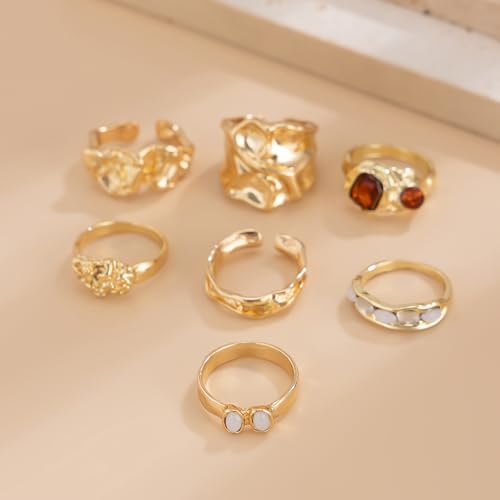 Gold Rings for Women Non Tarnish Boho Stackable Adjustable Open Rings Set Finger Knuckle Stacking Ring Packs Jewelry Gift - color: Gold Chunky Rings 7Pcs