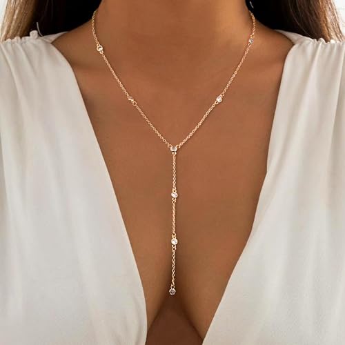 Dochais Dainty Gold Layered Necklace for Women, 14K Gold Plated Y Necklace & Chain, Dainty Lariat Long Necklaces, Trendy Cubic Zirconia Choker, Sun, Heart, Pearl & Cross Pendant Necklace, Jewelry Gift - color: Y Layered CZ Necklace-GD