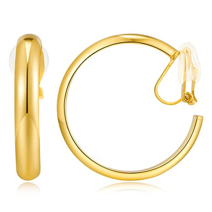 WOWORAMA Chunky Gold Hoop Clip On Earrings for Women | Large Chunky Hoops Clips Earrings, Polished Gold-Plated Clip-On Hoops, Statement Non Pierced Jewelry - color: 30mm Flat Hoops
