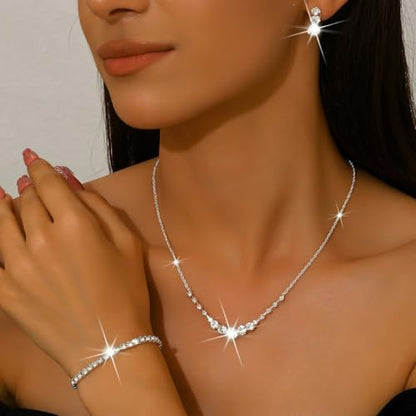 Silver Wedding Prom Jewelry Sets Sparkling Crystal Chain Necklace Earrings Bracelet Set Rhinestone Wedding Set Formal Prom Costume Jewelry Sets for Women and Brides - color: Silver