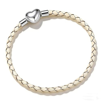 GMXLin Leather Charm Bracelet Heart Snap Clasp Clip Lock Handmade Braided Wristband Compatible with Women Pandora Charm Bead - color: White