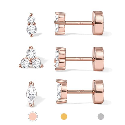14K Gold Plated 925 Sterling Silver Flat Back Earrings Set | Hypoallergenic Cartilage Helix Conch Tragus Piercing Jewelry 3 Pairs Small Screw Dainty CZ Opal Earring Set Men Women - color: Rose Gold, Style C