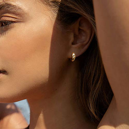 MEVECCO Chunky Huggie Hoop Earrings for Women Starburst Beaded Styles | 18K Gold Plated Brass, Triple Or Single Cubic Zirconia Star Details, Graduated Rounded Profile, Front Stone Row - style: Starburst One