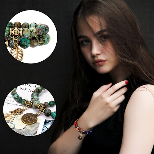 Bivei Natural Semi Precious Gemstone beads bracelet for women - Life Tree and Leaf Charm Energy Reiki Crystal Stretch Bracelets - color: African Turquoise Bracelet Set, size: Small:6.61-6.7inch