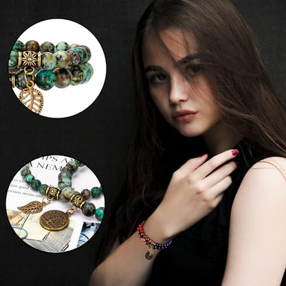 Bivei Natural Semi Precious Gemstone beads bracelet for women - Life Tree and Leaf Charm Energy Reiki Crystal Stretch Bracelets - color: African Turquoise Bracelet Set, size: Small:6.61-6.7inch