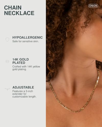 PAVOI Chain Necklace for Women, 14K Gold Plated Adjustable Layering Chain - style: Figaro-L