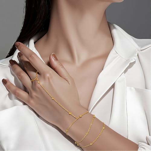 Emibele Gold Bracelets for Women, 18K Gold Plated Hand Chain, Cubic Zirconia Stainless Steel Non Tarnish Hand Chain Bracelet with Finger Ring, Adjustable Trendy Jewelry Valentines Day Gifts for Women - style: Gold