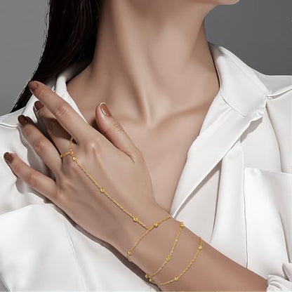 Emibele Gold Bracelets for Women, 18K Gold Plated Hand Chain, Cubic Zirconia Stainless Steel Non Tarnish Hand Chain Bracelet with Finger Ring, Adjustable Trendy Jewelry Valentines Day Gifts for Women - style: Gold