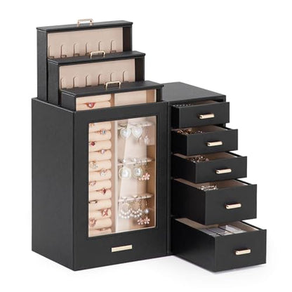Homde Large Jewelry Box/Organizer/Case with Glass Window, Drawers for Necklaces Earrings Rings Bracelets Watches Gift for Women Girls - color: Black