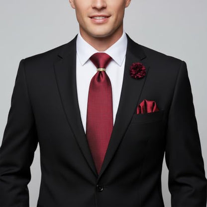 5PCS Mens Silk Tie, Pocket Square, Cufflinks, Drilled Tie Ring and Lapel Pin Set for Wedding Groom Party - color: Burgungy Tie Set -234