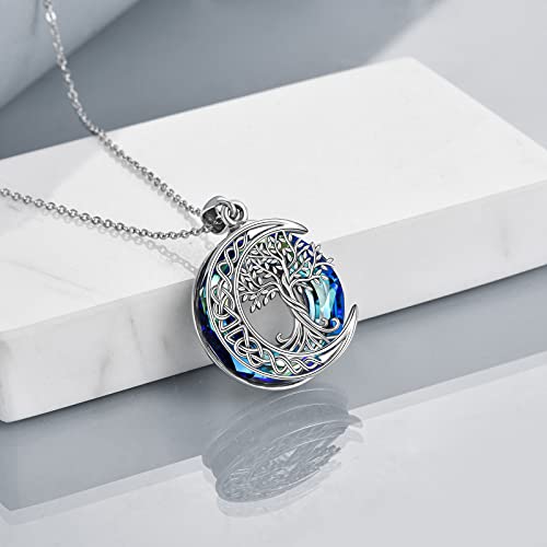 Tree of Life Necklaces S925 Sterling Silver Crystal Tree of Life Pendant Necklace Celtic Knot Moon Tree of Life Jewelry for Women Gifts - color: Blue
