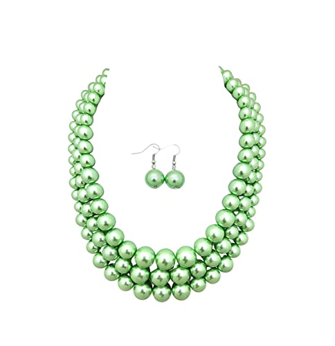 Fashion 21 Women's Faux Pearl Three Multi-Strand Statement Necklace and Earrings Set - color: Lime Green