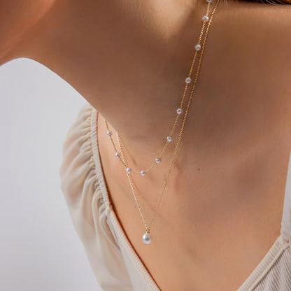 HERIER Gold Jewelry Set for Women - Dainty 14K Gold/Silver Plated Pearl Choker Necklace, Drop Earrings & Bracelets - Wedding Trendy Pearl Jewelry Gift - color: Satellite Pearl Set-Gold