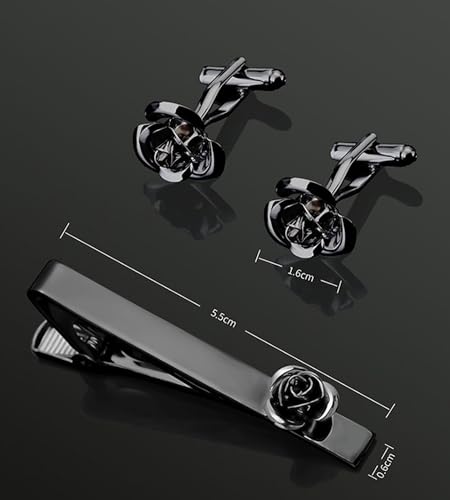 Unique Rose Flower Cufflinks and Tie Clip Set for Men Regular Necktie | Silver/Golden/Black Men's Tie Pin and Cuff Links for Wedding Party Daily Office Formal Casual Business Tuxedo Dress Accessory - style: Gunmetal Cufflinks Tie Pin Set