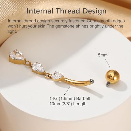 Gold Belly Button Ring, Titanium Dangle Floating Navel Piercing Jewelry - color: Gold-Dangle-10mm