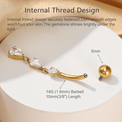 Gold Belly Button Ring, Titanium Dangle Floating Navel Piercing Jewelry - color: Gold-Dangle-10mm