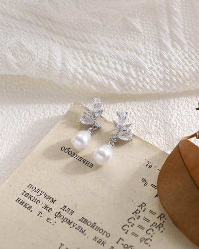 Pearl Earrings for Women, 14k Gold Plated Trendy Diamond Pearl Drop Earrings Bridal Shower Gifts Wedding jewelry for Women - color: Style J Silver