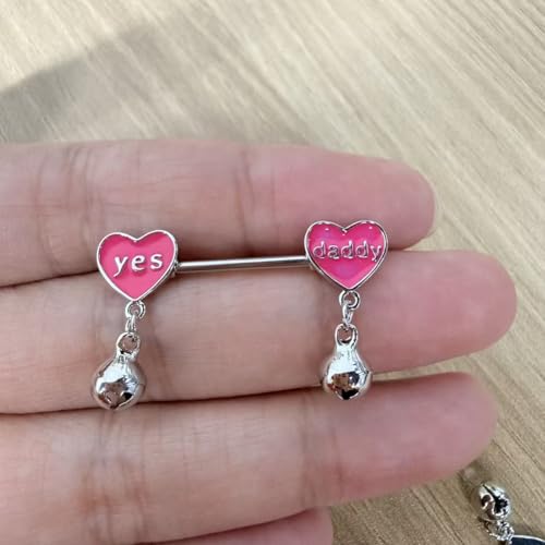 14G Pink Heart Nipple Rings with Jingle Bell Dangle Charm, Yes Daddy Letter Nipplerings Nipple Shield Barbell Piercing Stainless Steel Body Piercing Jewelry