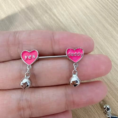 14G Pink Heart Nipple Rings with Jingle Bell Dangle Charm, Yes Daddy Letter Nipplerings Nipple Shield Barbell Piercing Stainless Steel Body Piercing Jewelry