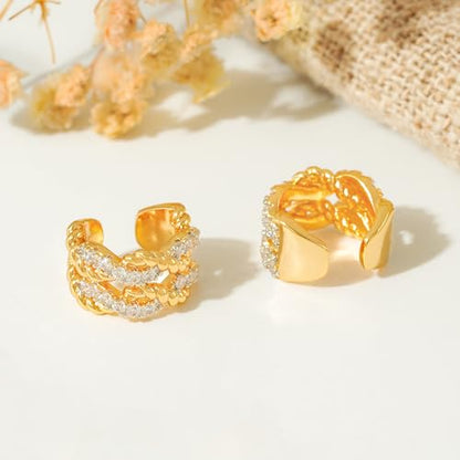 Gold Ear Cuff Earring for Women 14K Gold Plated Cubic Zirconia Non-Pierced Clip on Cartilage Chunky Ear Cuffs Hypoallergenic Jewelry - style: 2rope / pair