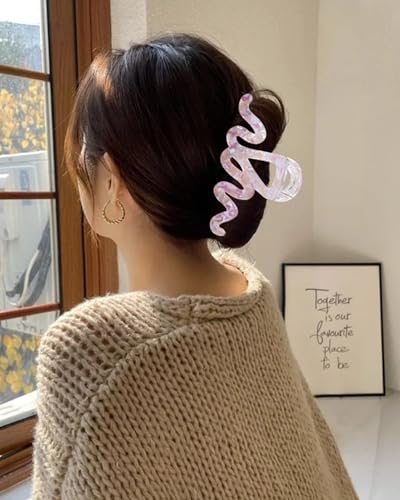 4PCS Large Claw Clips for Thick Hair, Large Acrylic Hair Clips | Modern Marble Geometric Design, Non-Slip Secure Hold for Long Hair, Buns, Updos and Everyday Styling - color: Wave-Silver + Rose Pink + Purple + Blue