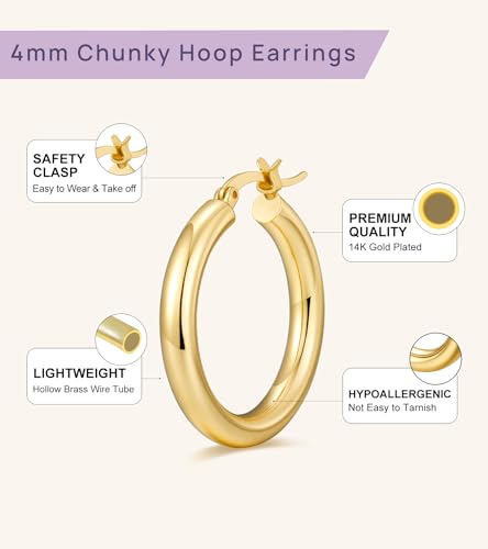 wowshow Gold Hoop Earrings for Women Chunky Hoops 14K Gold Plated Thick Hollow Tube Lightweight Earrings for Mother Birthday Gifts 20/25/30/40/50MM - color: Gold-40mm+10mm+8mm+6mm