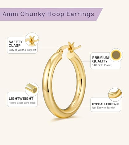 Gold Hoop Earrings for Women Chunky Hoops 14K Gold Plated Thick Hollow Tube Lightweight Earrings for Mother Birthday Gifts 20/25/30/40/50MM - color: Gold-40mm+10mm+8mm+6mm