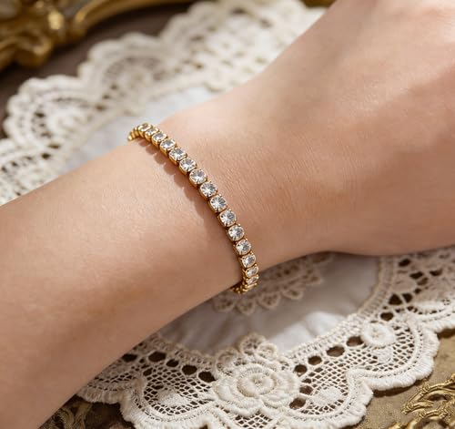 GulCean 14K Gold Plated 4mm Cubic Zirconia Classic Tennis Bracelet Copper CZ Charm Iced Out Tennis Bracelet for Women Men Size 6.7inch 7.5 inch - color: Gold, size: 6.7inch(17cm)