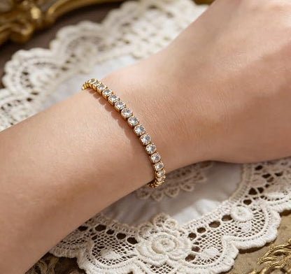 GulCean 14K Gold Plated 4mm Cubic Zirconia Classic Tennis Bracelet Copper CZ Charm Iced Out Tennis Bracelet for Women Men Size 6.7inch 7.5 inch - color: Gold, size: 6.7inch(17cm)