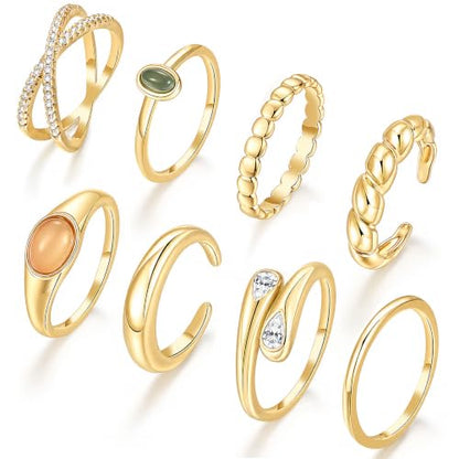 iF YOU Non Tarnish Chunky Gold Rings for Women, 14K Gold Plated Dainty Stackable Cross Cubic Zirconia Ring Set, Knuckle Stacking Pinky Thumb Ring Statement Wedding Bands Jewelry Size 4.5-10 - color: Gold-gem rings