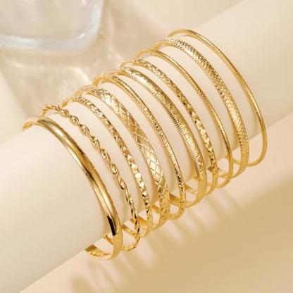 Gold Bangles for Women, 12 Pcs Boho Stackable Bracelets Multi Layer Textured Chunky Bracelets Jewelry Set for Women - color: Style D- 10 pcs gold