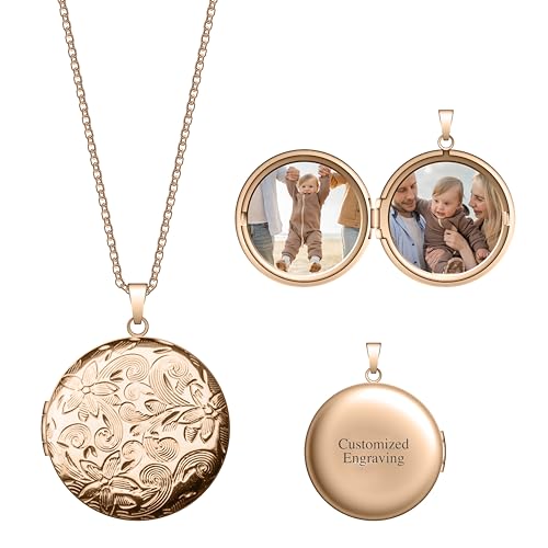 Locket Necklace for Women Girls, 18” Jewelry Chain, Picture Photo Inside, Cadenas para mujer, Personalized Custom Name Gold Locket, Customized Couples Locket, Silver, Rose Gold, Gold - color: Rose Gold, style: 2 Photos + Engraving Necklace