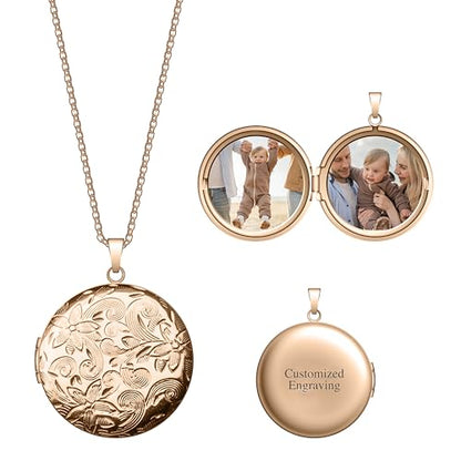 Locket Necklace for Women Girls, 18” Jewelry Chain, Picture Photo Inside, Cadenas para mujer, Personalized Custom Name Gold Locket, Customized Couples Locket, Silver, Rose Gold, Gold - color: Rose Gold, style: 2 Photos + Engraving Necklace