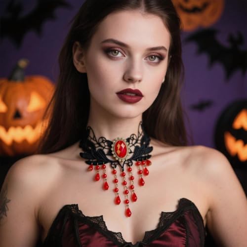 Goth Black Choker Necklace Crystal Bead Pendant Necklace for Women Gothic Velvet Lace Choker Halloween Vampire Witch Cosplay - color: I-Black and Red