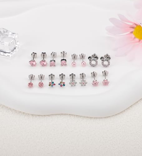 Staligue 8 & 21 Pairs Hypoallergenic Screw Back Earrings for Women – 20G Surgical Steel Flat Back Studs with Heart, CZ, Pearl, Star & Ball Designs | Tiny Cartilage Jewelry Options - color: Pink